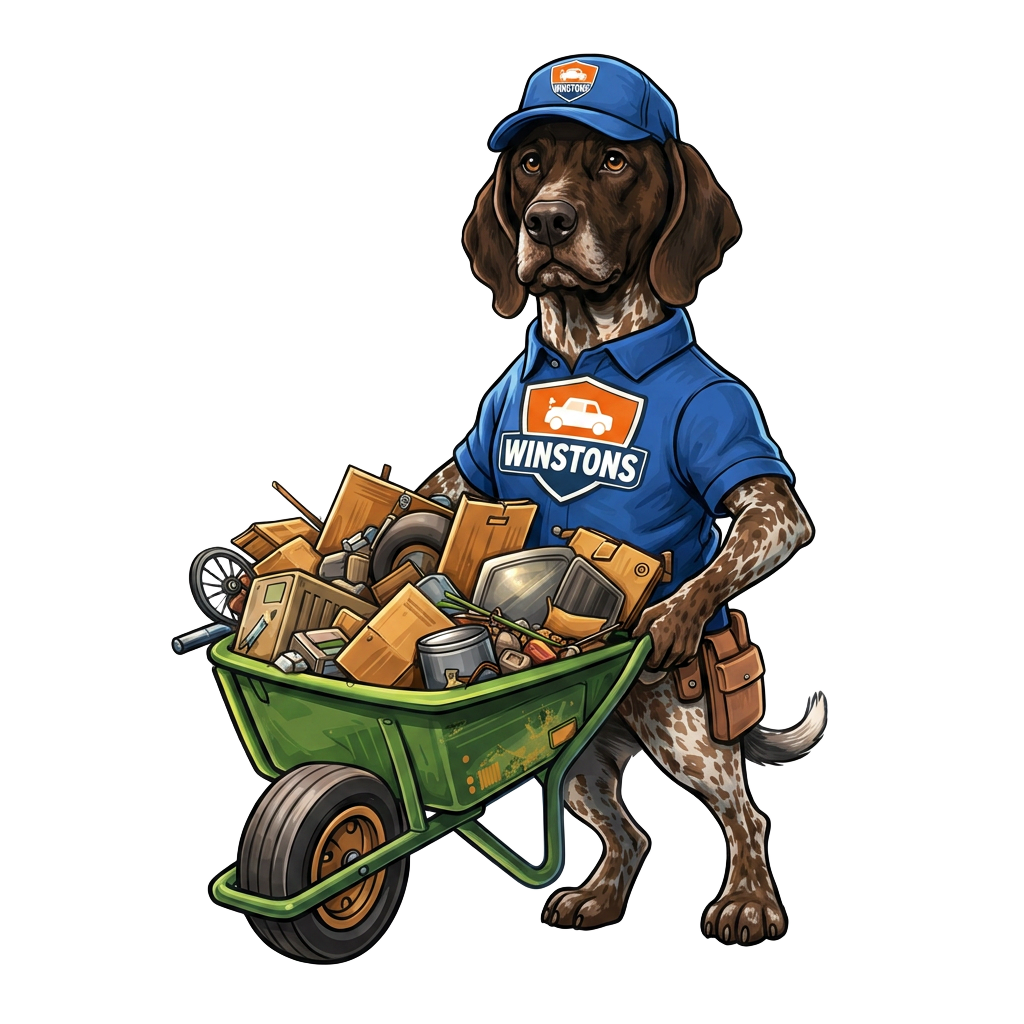 Winston the dog hauling junk in a wheelbarrow with a junk removal truck